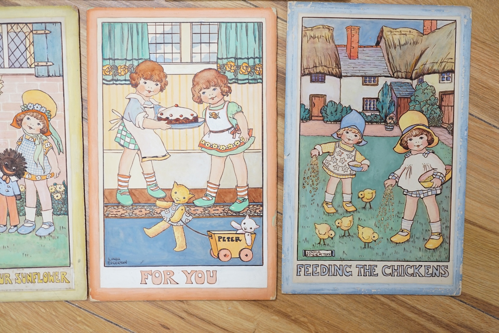 Linda Edgerton (1890-1983), set of five original watercolours for children's postcard designs, including 'Playtime', 'For You' and 'Feeding the Chickens', each signed, 27 x 17cm, unframed. Condition - fair